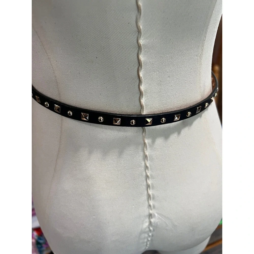 J.Crew Black Leather Skinny Studded Belt Gold Hardware Slim 35 Inch